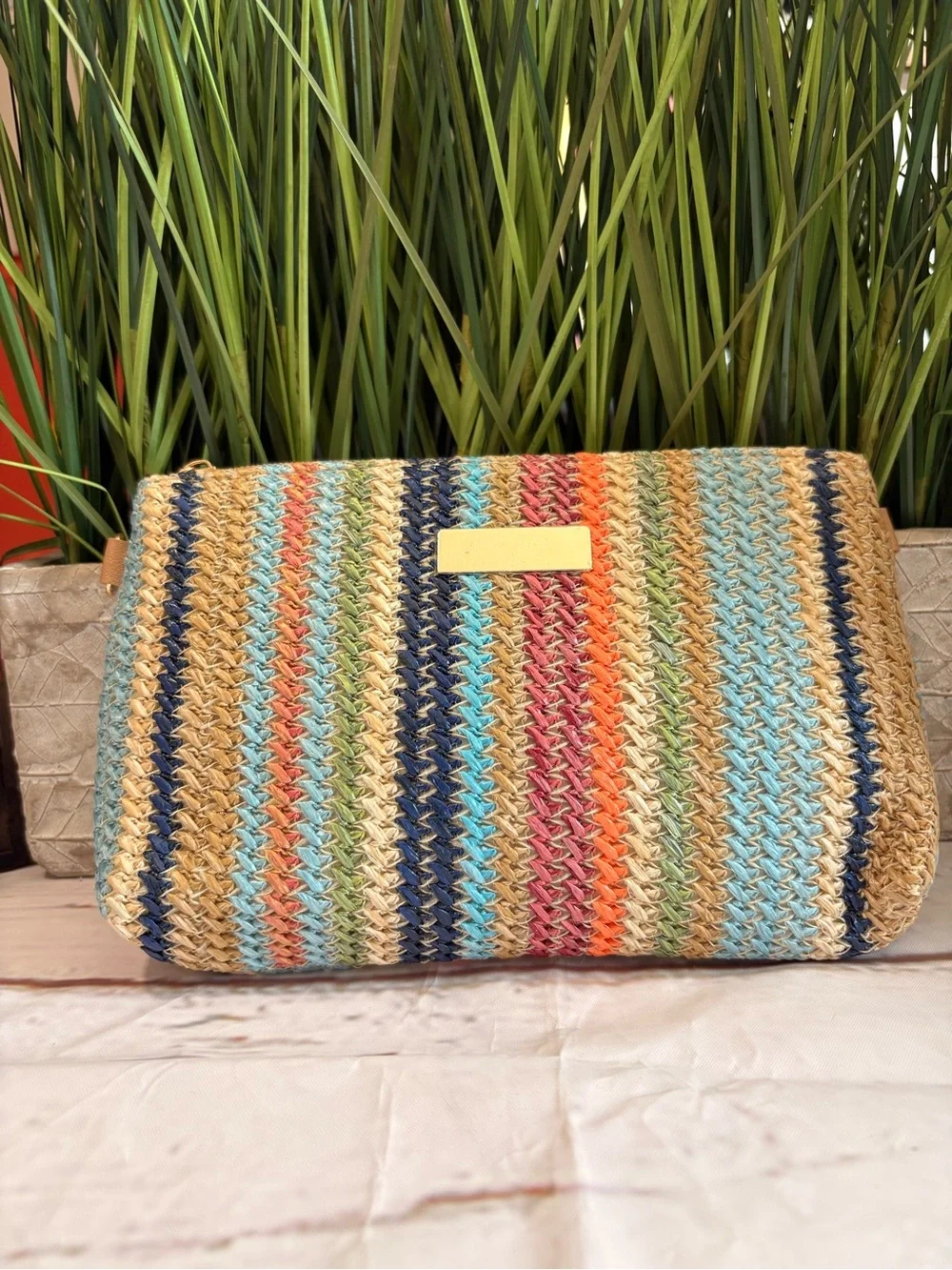 Woven Multi-Color Straw Clutch - Women's Bag